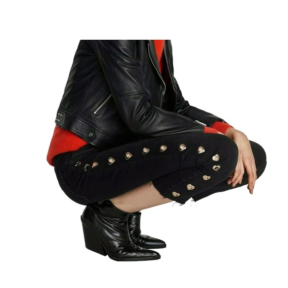 Zara Metal Heart Grommets Ankle Grazer Mid Rise Jeans Raw Hem Black Distressed 2 - Picture 3 of 16